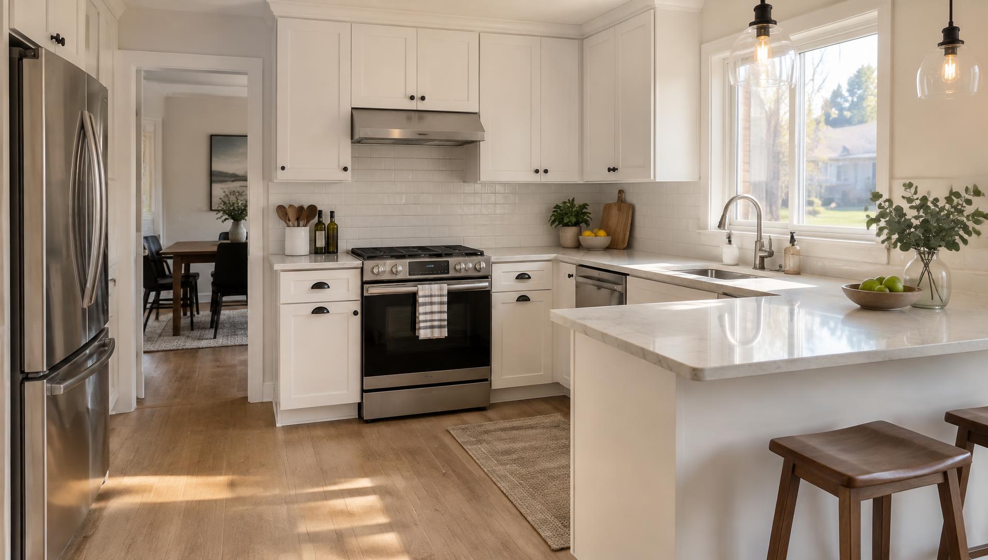 Kitchen with warm white shaker cabinetry, a quartz-look peninsula and stainless appliances